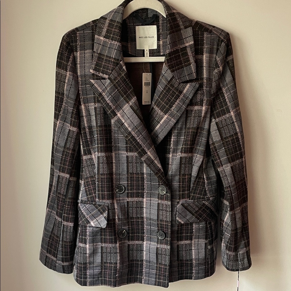 Avec Les Filles Plaid Blazer - Black, Gray, and Pink